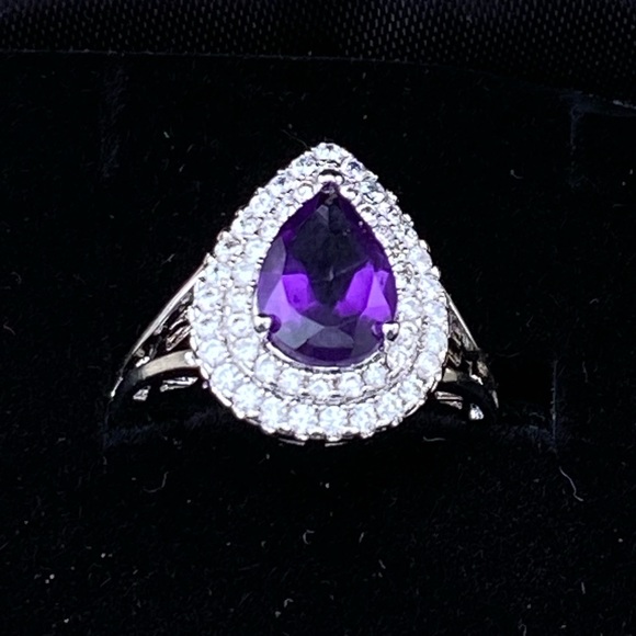 Amethyst teardrop halo ring platinum plated sz 7 brand new in box - Picture 6 of 16